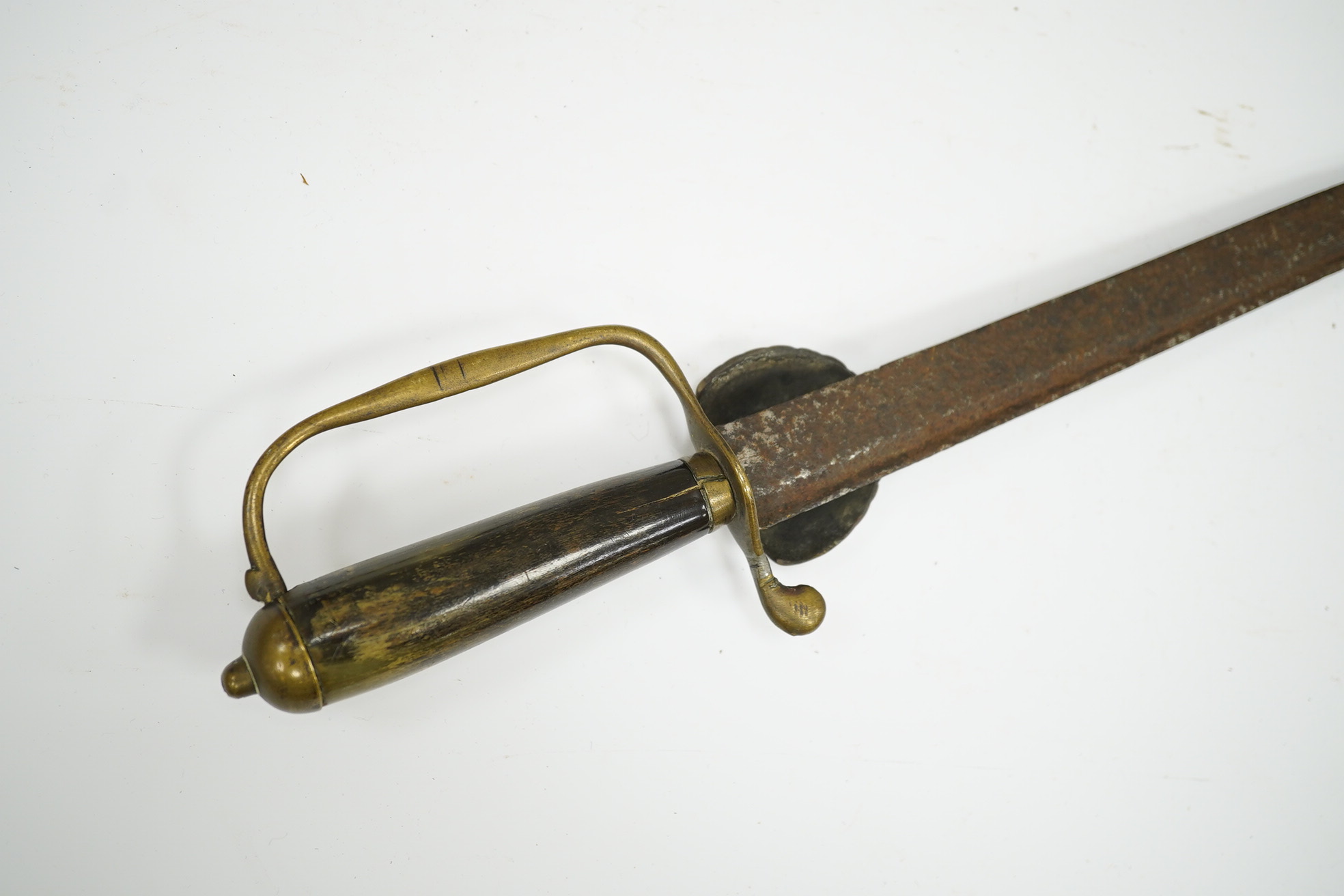 A horn gripped hunting short sword, brass hilt blade now heavily pitted, blade 45.5cm. Condition - poor